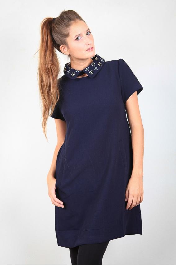 Robe bleu col claudine