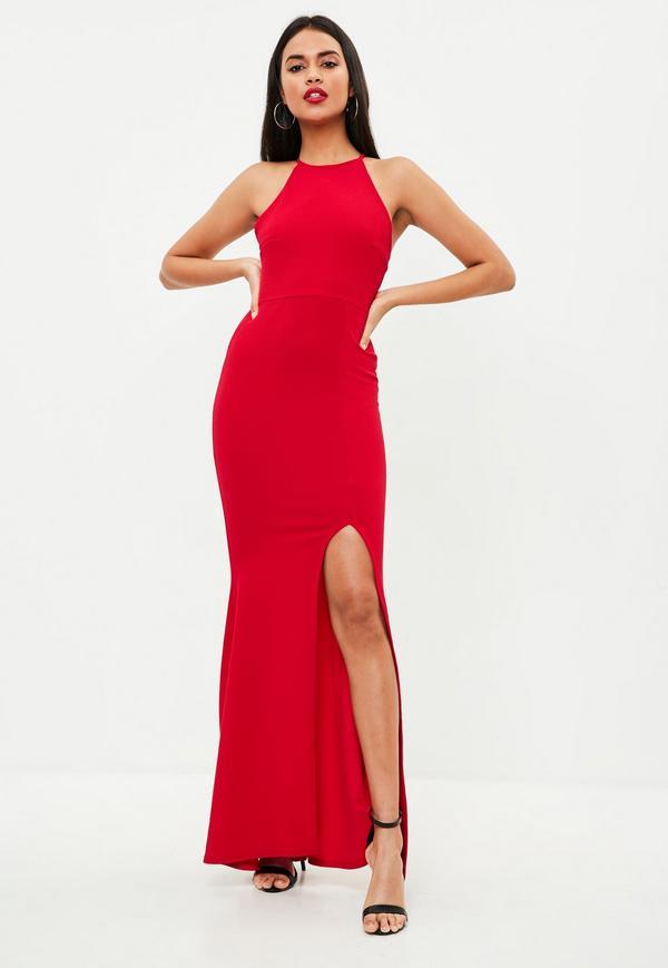 Robe longue rouge fendue